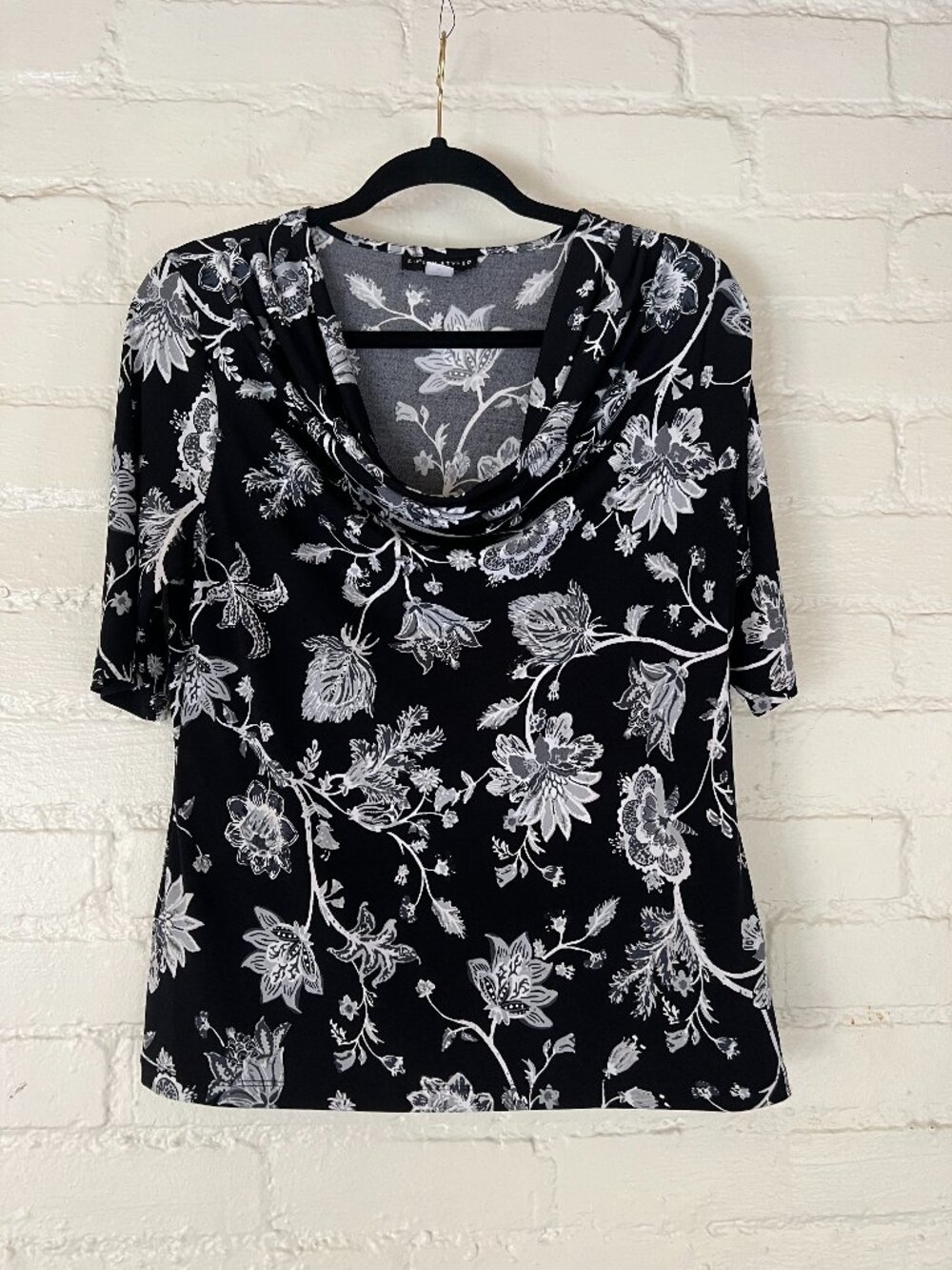 Simply Styled Floral Cowl Neck Top M Black & White Office Work Capsule Layering